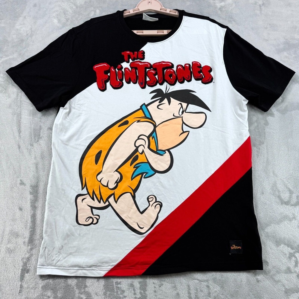 The Flintstones Fred Graphic T-Shirt Mens XL Black White Red Chenille Embroidery